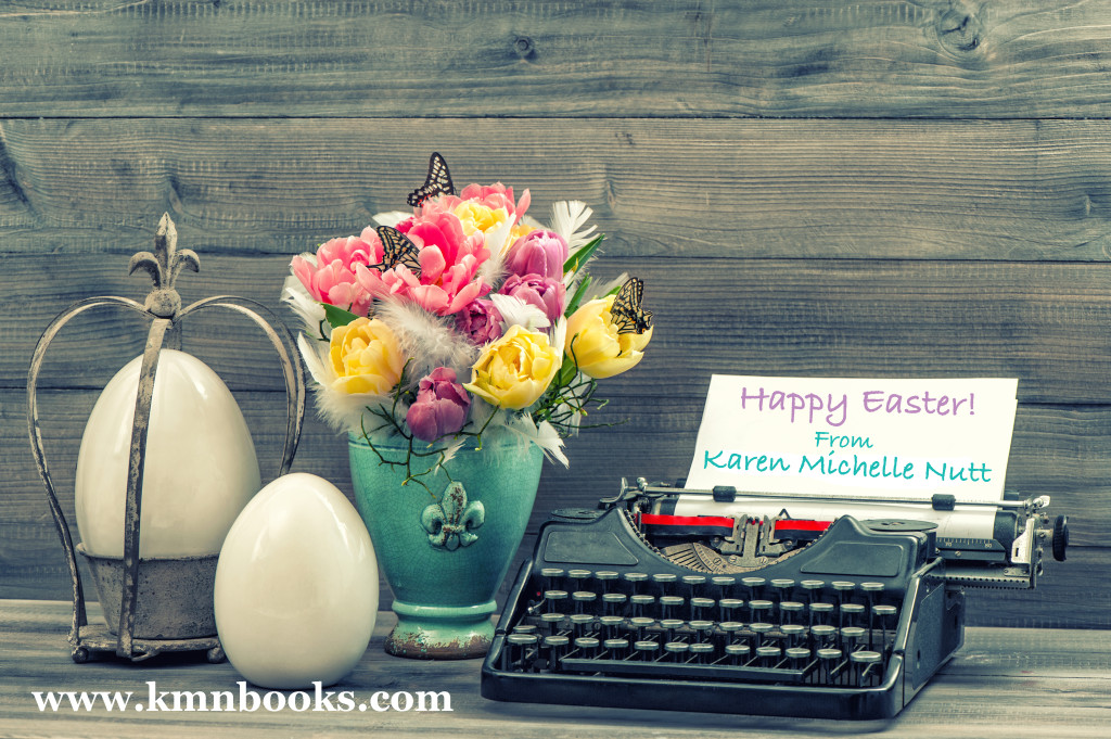 Easter Decoration With Tulips, Eggs And Typewriter