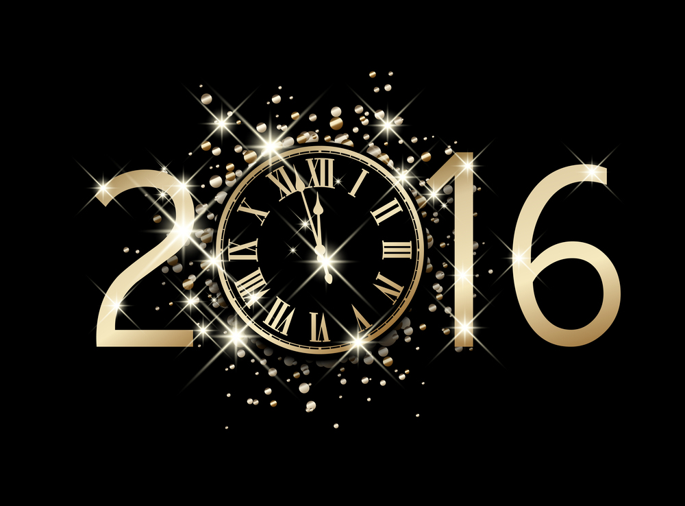 2016 New Year card with clock. Vector paper illustration.